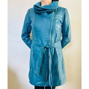 Iman Teal Leather Suede Trench Coat